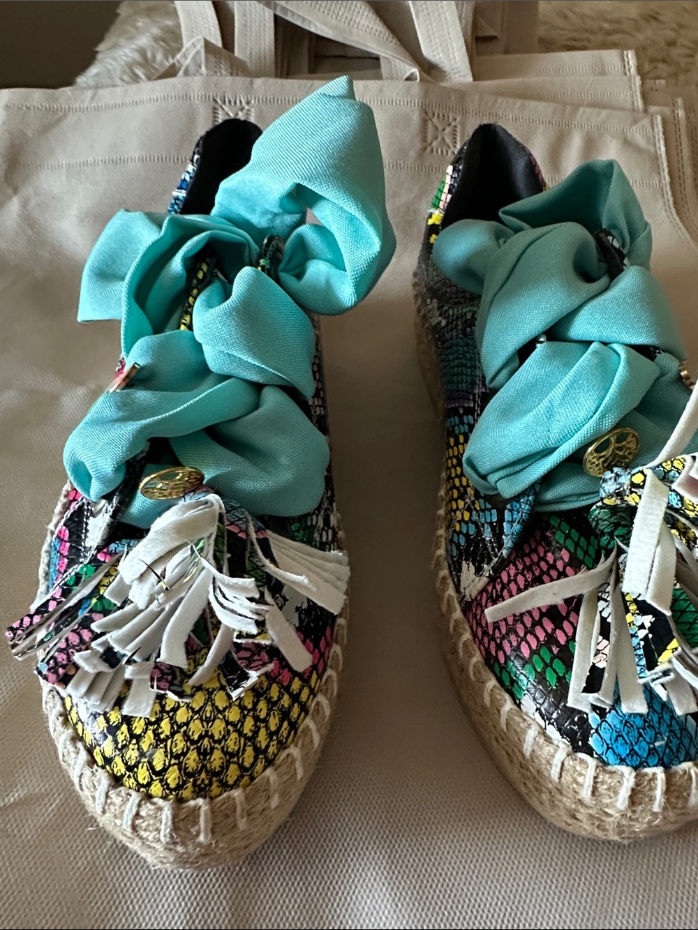 Colorful Mixed-Print Wedge Espadrilles with Turquoise Bow